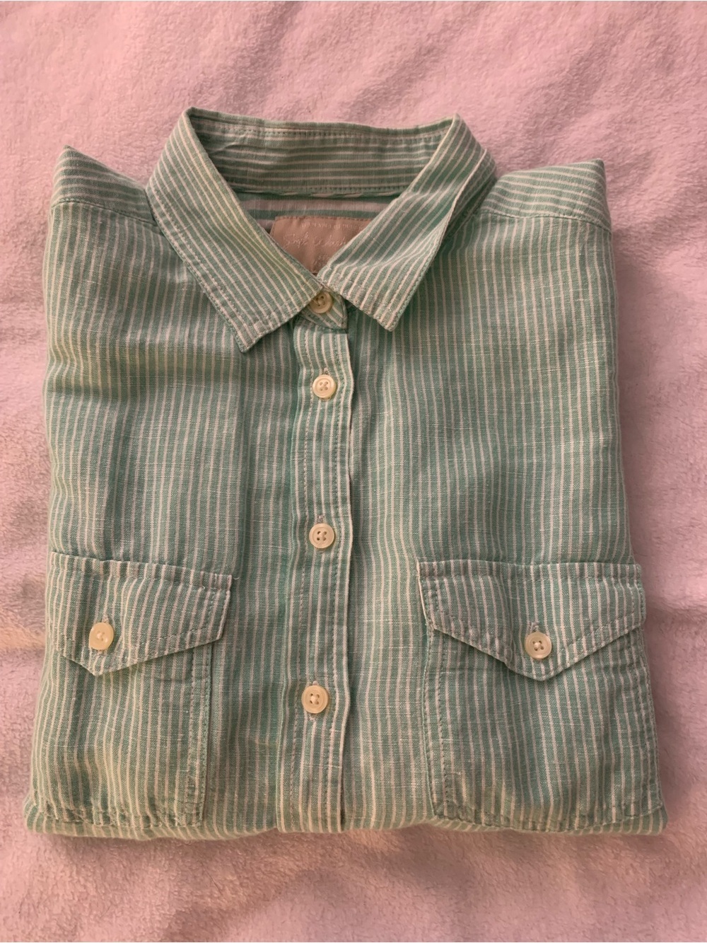 Banana Republic Soft Wash Linen Cotton Mint Green and White Pinstripe Shirt M - Picture 16 of 16